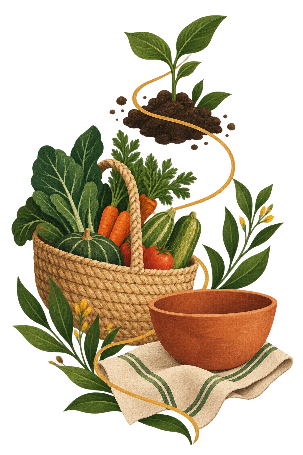 Broto que nasce da terra, cesta com produtos locais e tigela sobre tecido natural